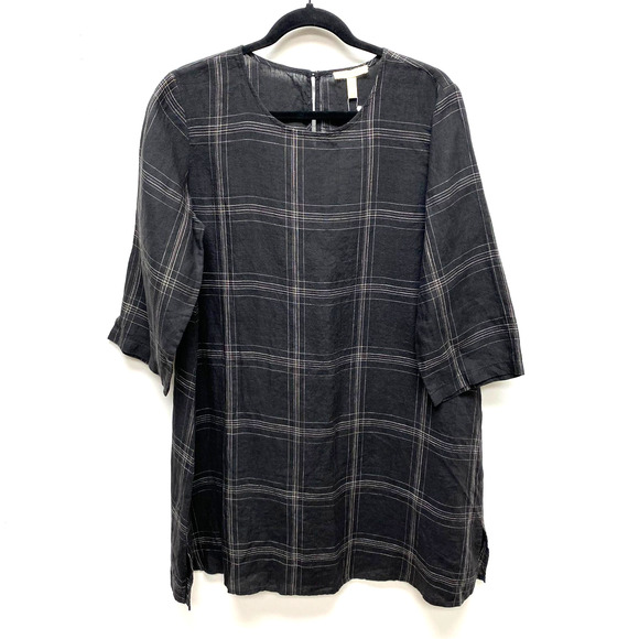 Eileen Fisher Black Windowpane Plaid Organic Linen Round Neck Side Slit Tunic M - Picture 1 of 8